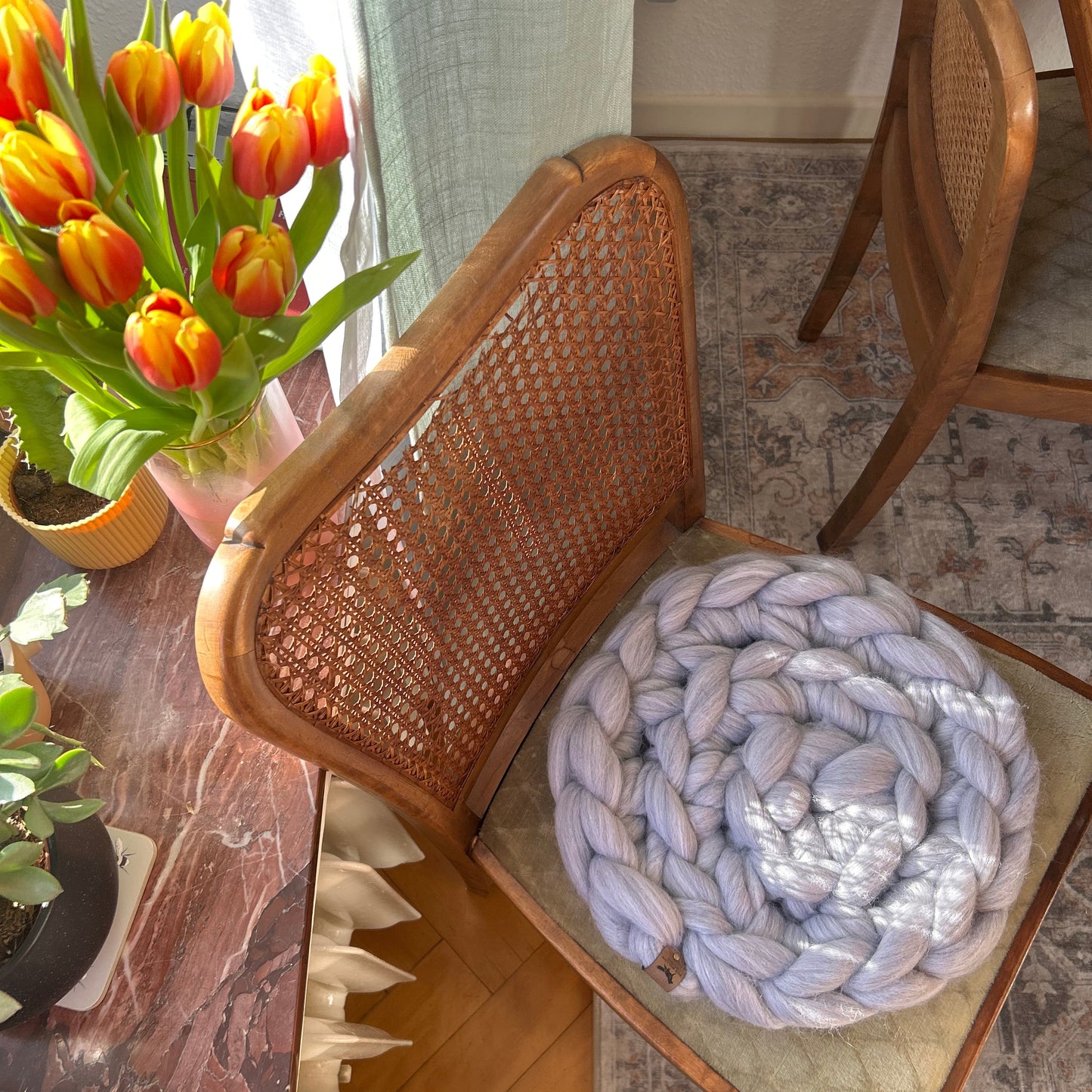 Handmade Raffia Cat Basket Bed with Merino Wool Cushion