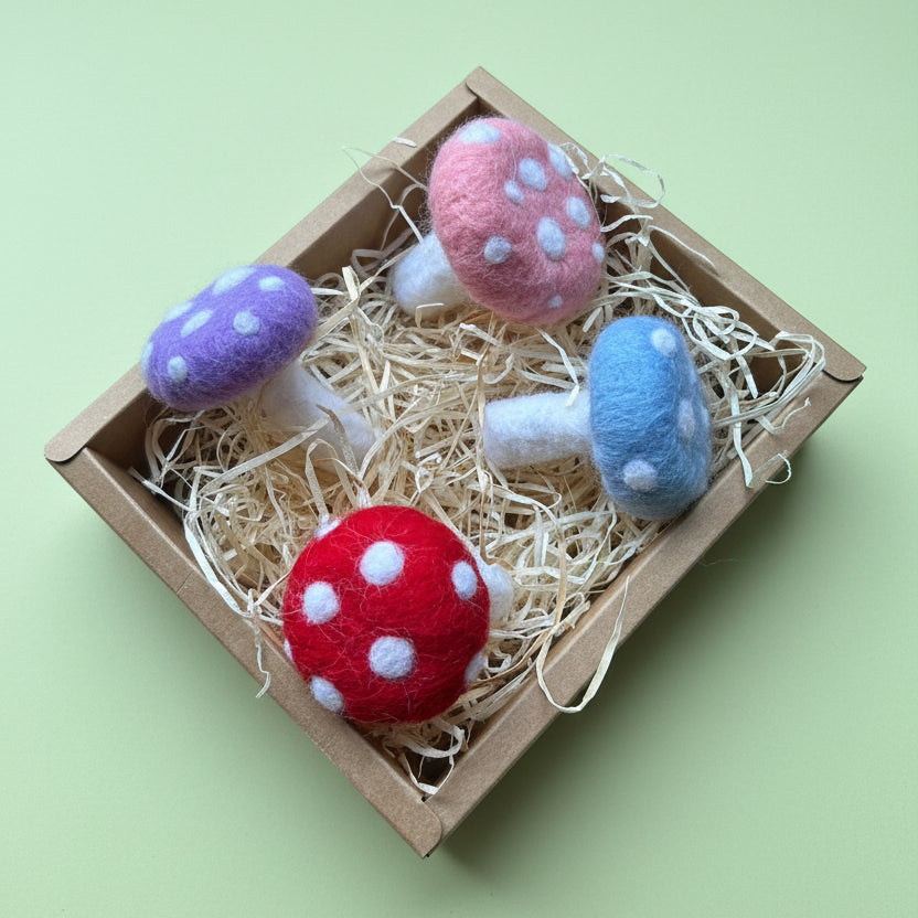 Handmade Felt Mushroom Cat Toys – Organic Catnip Infused Toadstools with Bell (Set of 4)