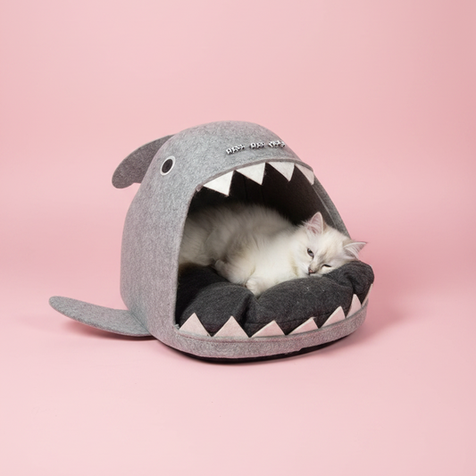 Shark Felt Cat Basket – Cuddle & Play Cave with Removable Cushion (Gray)