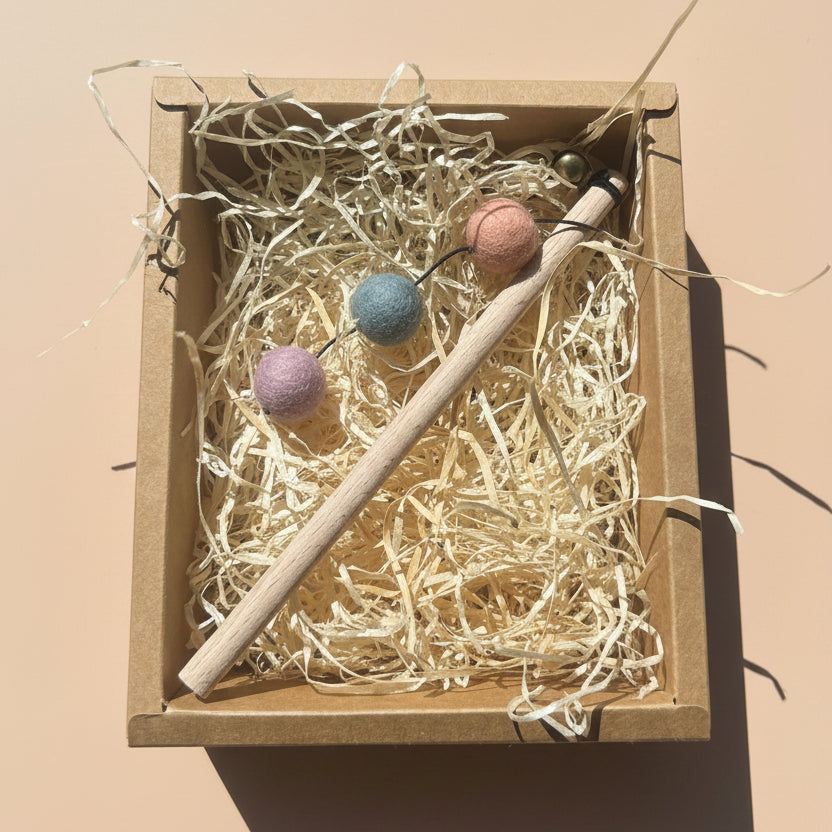Handmade Wool Ball Cat Teaser Wand - Cat Enrichment Toy