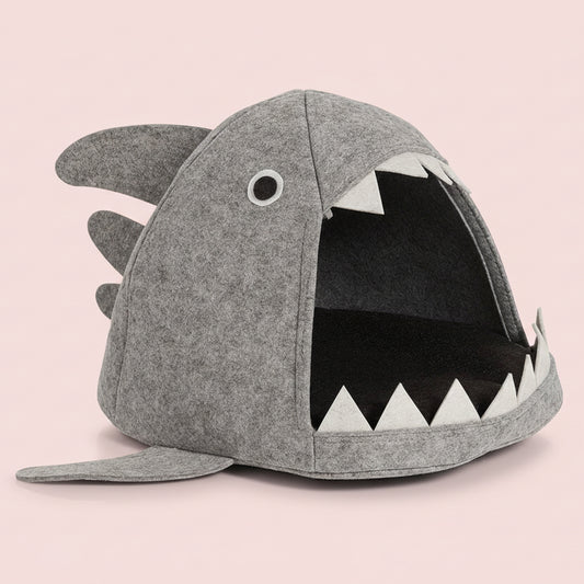 Shark Felt Cat Basket – Cuddle & Play Cave with Removable Cushion (Gray)