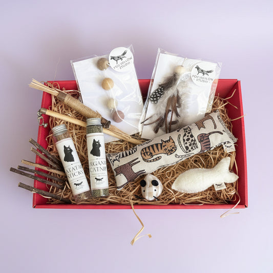 Neutral cat toy gift set with wool fish, kicker, teaser wand and matatabi