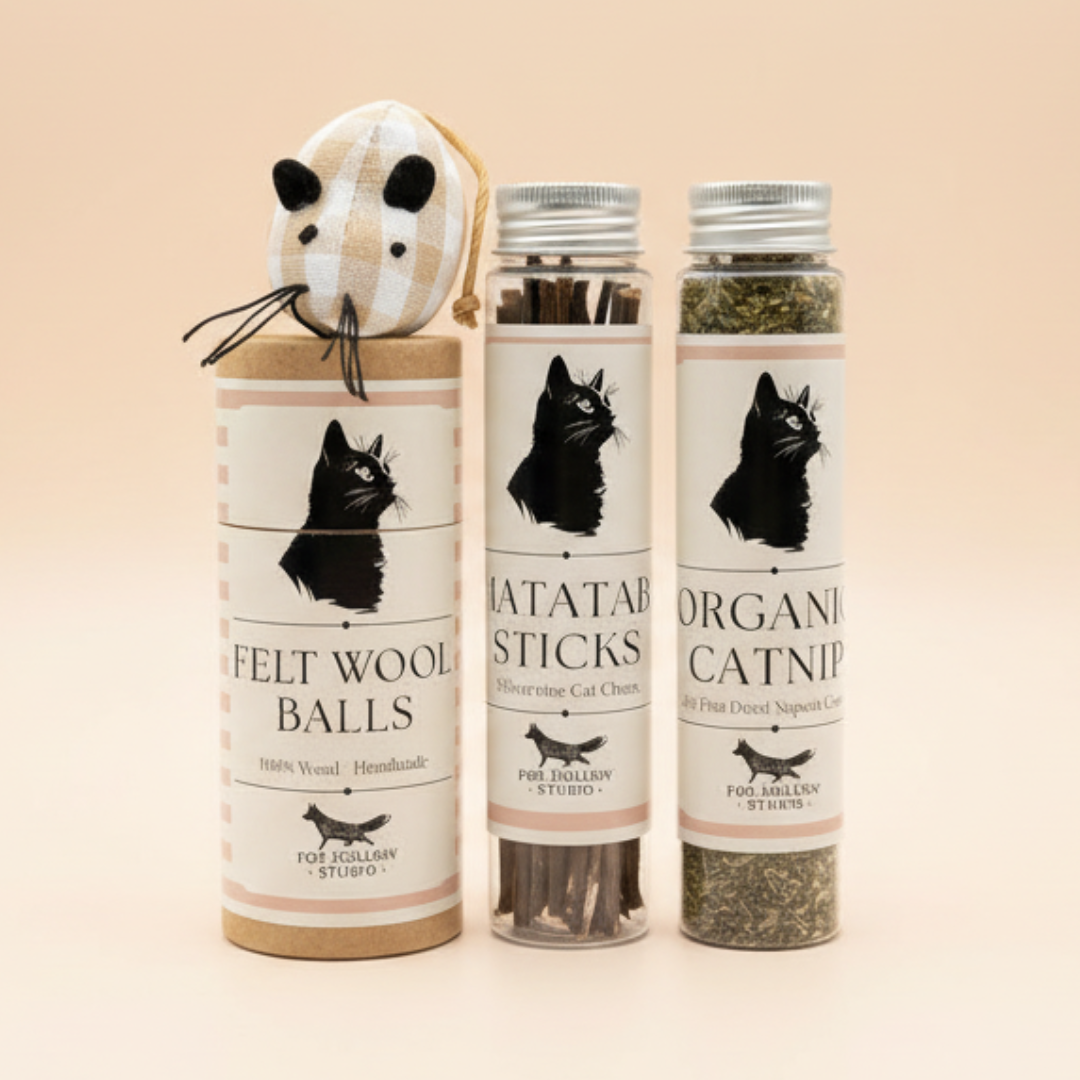 Natürliches Katzenspielzeug-Set – Katzenminze, Matatabi-Sticks, Wollbälle & Baumwollmaus-Spielzeug-Set