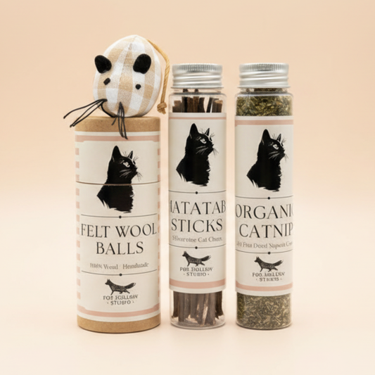 Natural Cat Enrichment Toy Bundle – Catnip, Matatabi Sticks, Wool Balls & Cotton Mouse Toy Set