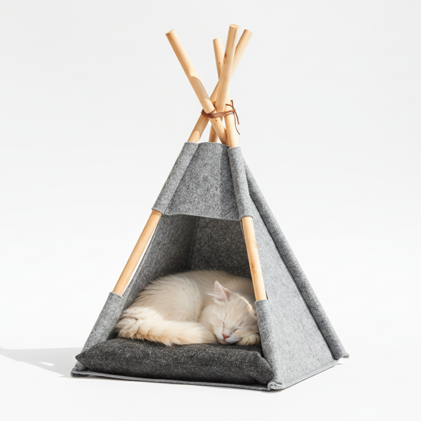 Tipi Cat Tent Bed – Felt Cave with Wooden Frame
