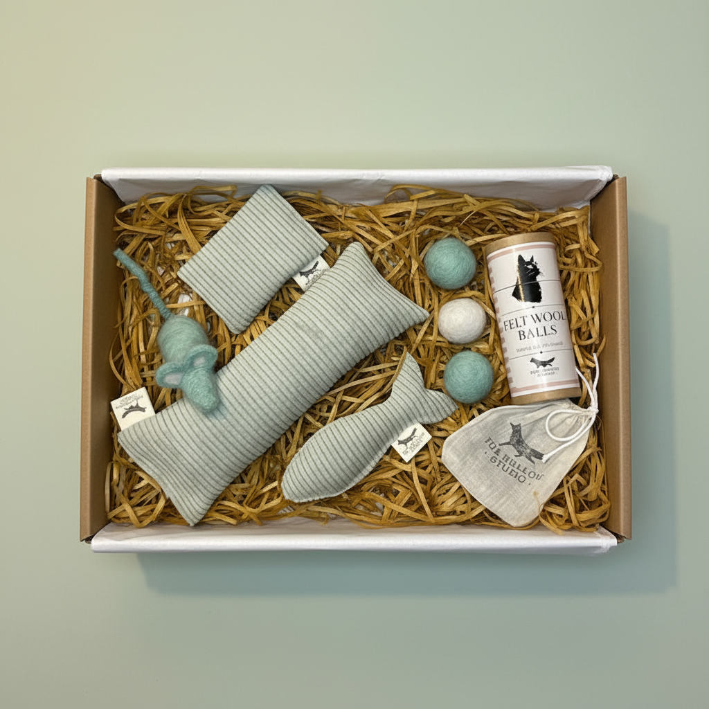 Sage Green Handmade Cat Toy Set – 5 Piece Eco Enrichment Bundle
