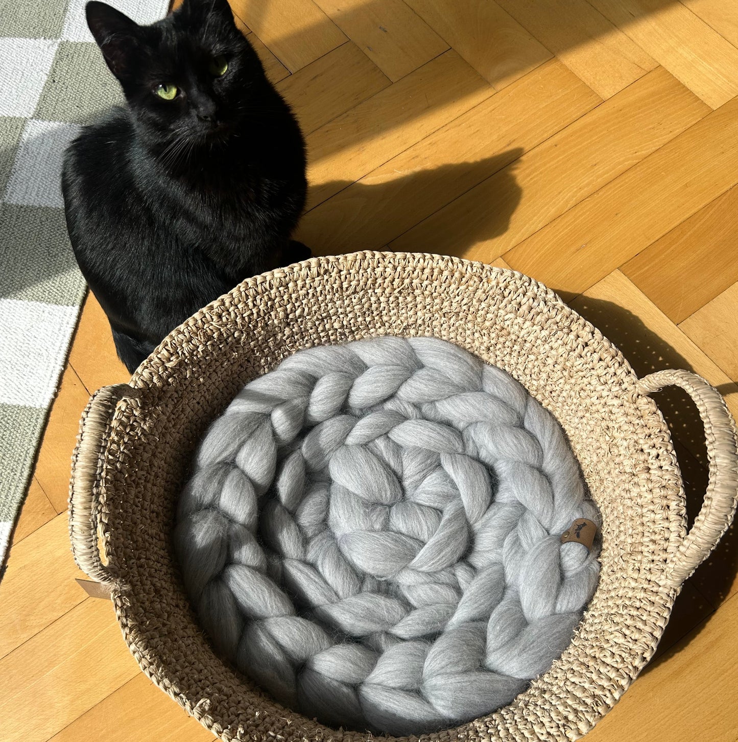 Handmade Raffia Cat Basket Bed with Merino Wool Cushion