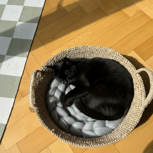 Handmade Raffia Cat Basket Bed with Merino Wool Cushion