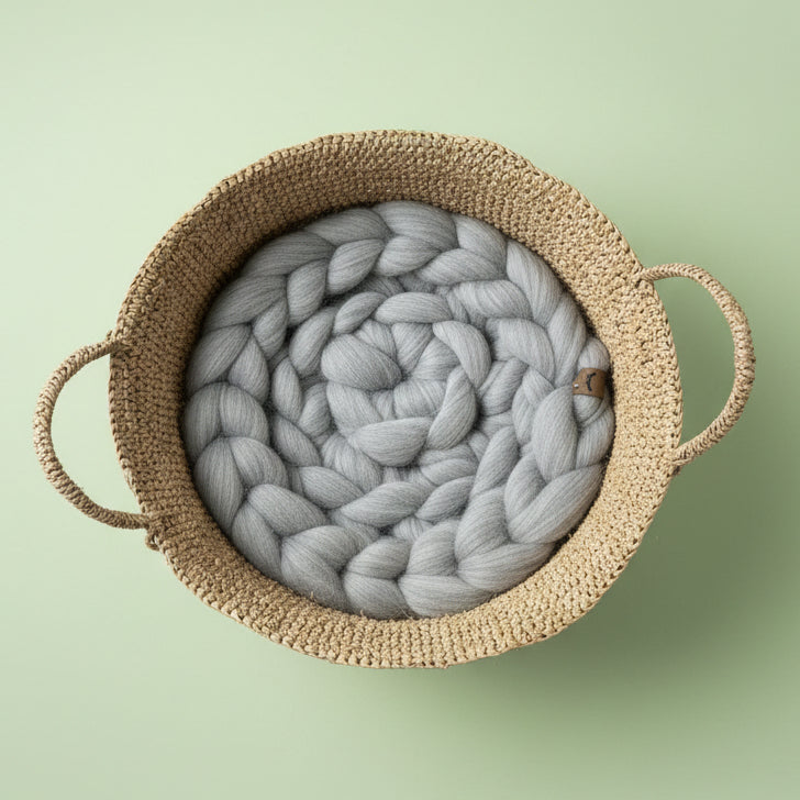Handmade Raffia Cat Basket Bed with Merino Wool Cushion