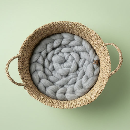 Handmade Raffia Cat Basket Bed with Merino Wool Cushion
