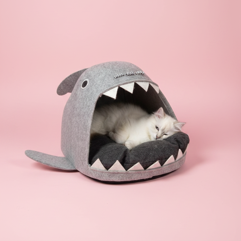 Shark Felt Cat Basket – Cuddle & Play Cave with Removable Cushion (Gray)