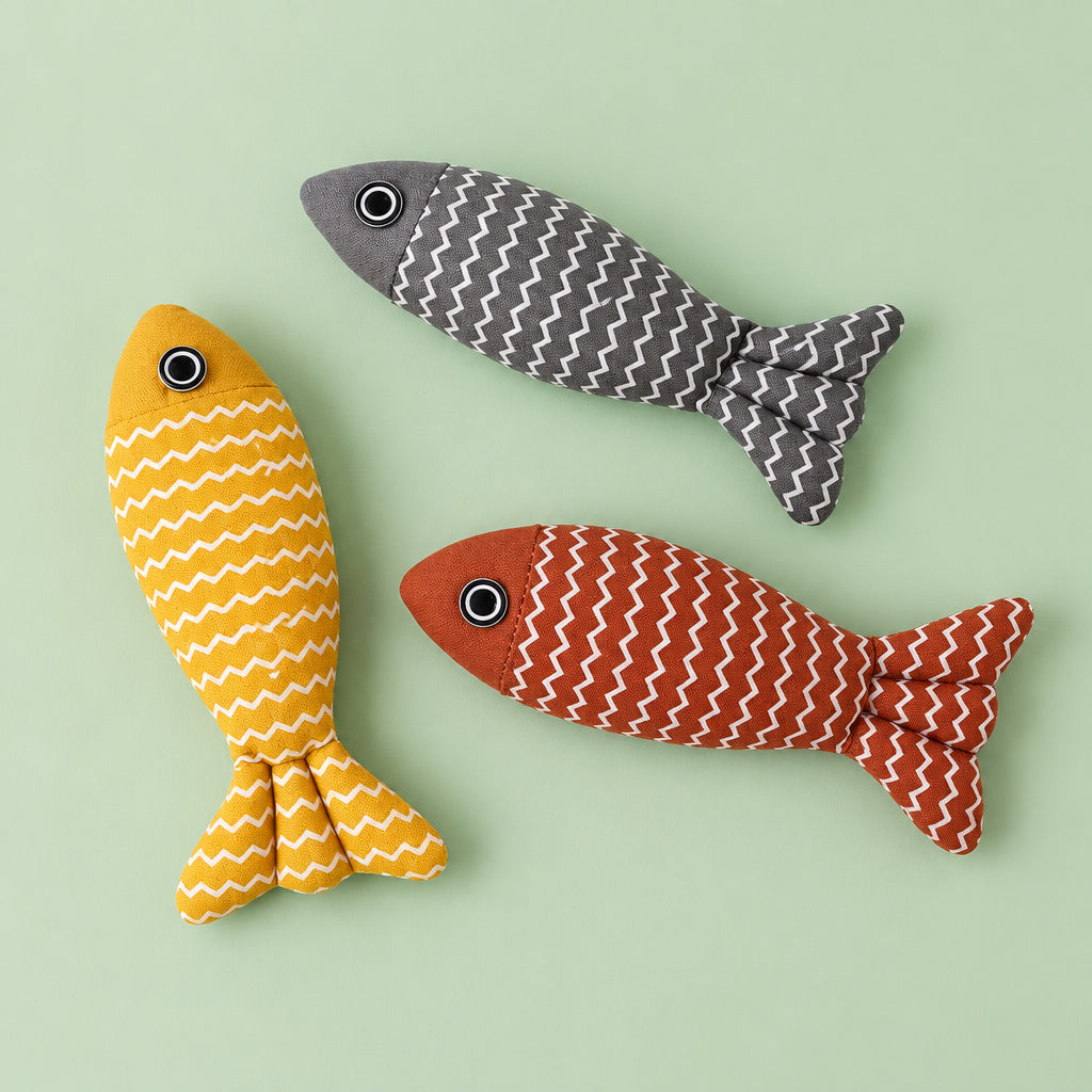 Cotton fish kicker cat toys in yellow, grey and red