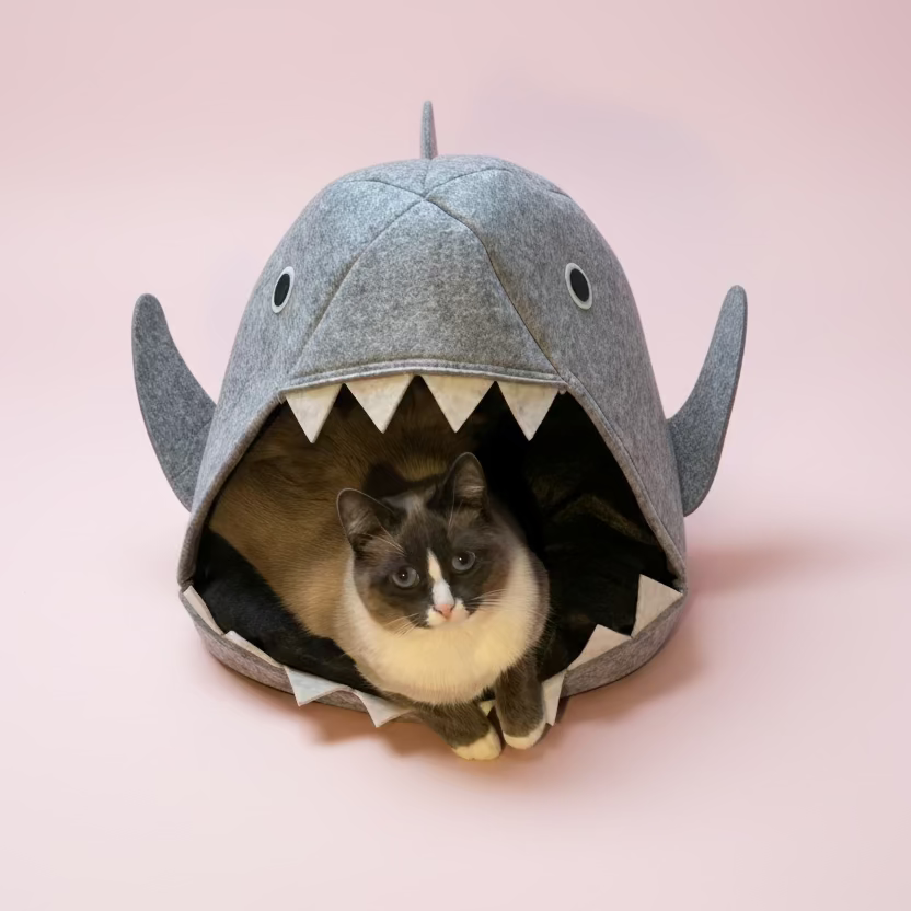 Shark Felt Cat Basket – Cuddle & Play Cave with Removable Cushion (Gray)