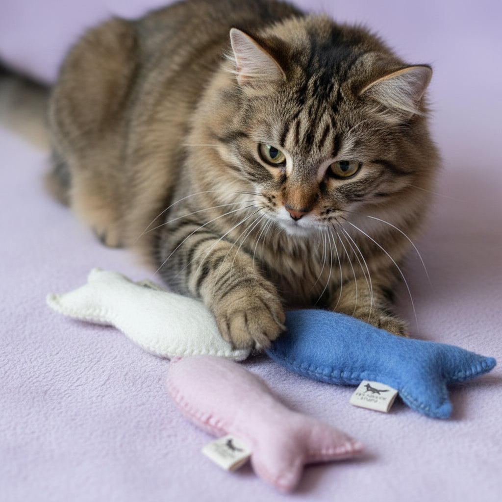 Set of 3 pastel wool felt fish cat toys
